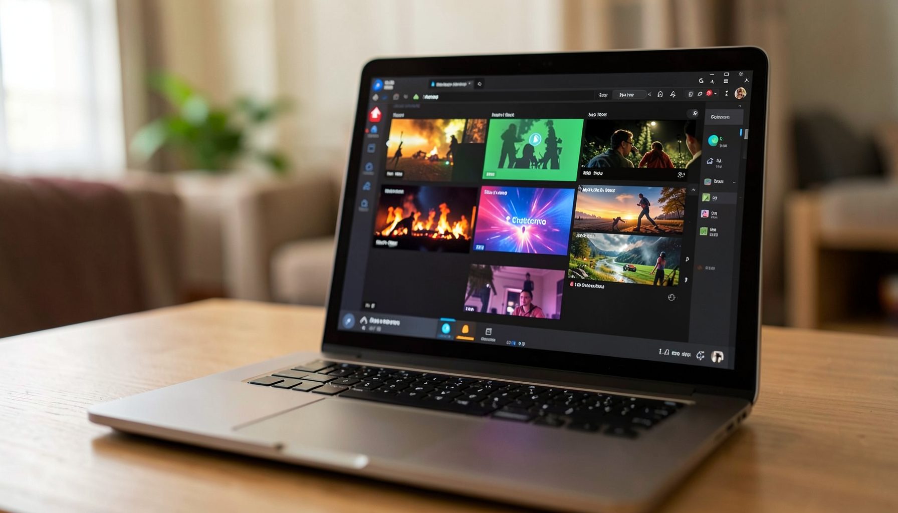 Laptop képernyőjén futó videólejátszó program felülete, színes filmkockákkal, otthoni környezetben